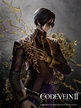 1boy 3d absurdres black_hair code_vein code_vein_ii commentary_request expressionless flower formal_clothes highres jacket looking_to_the_side male_focus official_art prosthesis prosthetic_arm red_eyes rose solo suit sunglasses valentin_voda