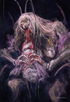 1girl absurdres antennae arthropod_girl arthropod_limbs baloolax black_background blood eating fine_art_parody grey_hair highres horror_(theme) long_hair matara_kan momo_(matara_kan) monster_girl multicolored_hair parody pink_hair saturn_devouring_his_son sharp_teeth simple_background teeth virtual_youtuber vshojo yellow_eyes