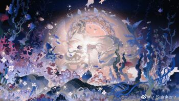 1boy 1girl abstract_background absurdres black_hair black_hanfu black_skin blunt_bangs character_request chinese_clothes closed_mouth colored_skin copyright_request floating_clothes floating_hair giant giantess grey_hair hand_up hanfu high_ponytail highres holding holding_sword holding_weapon looking_at_another lying on_back pointy_nose ponytail pulling sainker school_of_fish seaweed size_difference smile sword underwater watermark weapon weibo_watermark white_hanfu