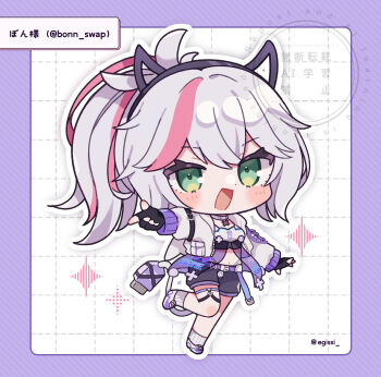 1girl :d black_gloves black_shorts blush_stickers border character_name character_request chibi chibi_only commentary_request double-parted_bangs egissi fake_horns fingerless_gloves full_body gloves green_eyes grey_hair grid_background hairband highres horn_hairband horns indie_virtual_youtuber jacket long_sleeves looking_at_viewer multicolored_hair navel open_clothes open_jacket open_mouth outline outside_border outstretched_arm pink_hair purple_border purple_shoes shoes short_hair shorts smile socks solo sparkle standing standing_on_one_leg streaked_hair twitter_username two-tone_hair virtual_youtuber watermark white_background white_jacket white_outline white_socks