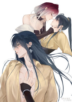 2girls absurdres black_choker black_dress black_hair chinese_commentary choker closed_mouth commentary_request dress earrings gradient_hair grey_eyes hand_on_another&#039;s_chest highres jewelry long_hair looking_at_another miix777 multicolored_hair multiple_girls off-shoulder_dress off_shoulder open_clothes open_shirt path_to_nowhere ponytail rahu_(path_to_nowhere) red_hair scar scar_across_eye scar_on_face shalom_(path_to_nowhere) shirt simple_background white_background white_hair yellow_shirt yuri