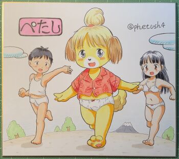 1boy 2girls :3 animal animal_crossing animal_ears animal_hands arm_up armpits bare_arms bare_legs bare_shoulders stomach barefoot black_hair blonde_hair blush blush_stickers bow bow_bra bow_panties bra breasts briefs brown_eyes child classic_fly_briefs cleavage cloud collarbone dog dog_ears dog_girl dog_tail elementary_school_age flat_chest furry grey_eyes highres isabelle_(animal_crossing) lace lace-trimmed_panties lace_trim leaf_print legs_apart long_hair looking_at_another looking_at_viewer male_underwear marup midriff midriff_peek mitsuru_(marup) mountain multiple_girls navel nintendo no_footwear no_pants no_shirt open_mouth original panties ponytail print_shirt red_bow red_shirt running saki-chan_(marup) shih_tzu shikishi shirt short_hair short_sleeves sky small_breasts smile tail topknot traditional_media tree undershirt underwear underwear_only white_bra white_briefs white_male_underwear white_panties white_shirt yellow_fur