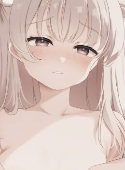 1girl blonde_hair blush commentary_request commission long_hair looking_at_viewer nose_blush nude parted_lips purple_eyes sakura_no_sekai solo tsuruse upper_body utsumi_sakura