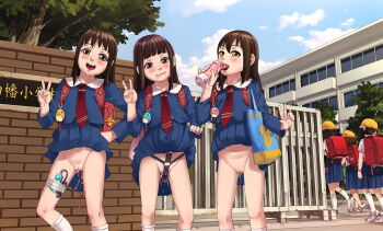 6+girls a-801 anal_beads blue_sky blunt_bangs cleft_of_venus closed_mouth clothes_lift cloud day dildo double_v exhibitionism female_focus hat highres loli long_hair long_sleeves looking_at_viewer multiple_girls necktie no_panties object_insertion open_mouth original outdoors public_indecency pussy pussy_juice school school_hat school_uniform sex_toy shameless skirt skirt_lift sky thighhighs tongue tongue_out v vaginal vaginal_object_insertion vibrator walking white_legwear wind wind_lift zettai_ryouiki