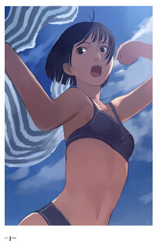 1girl absurdres antenna_hair bare_shoulders bikini black_eyes black_hair blue_bikini blue_sky collarbone day female_focus from_below highres navel open_mouth original short_hair sky solo swimsuit takamichi towel