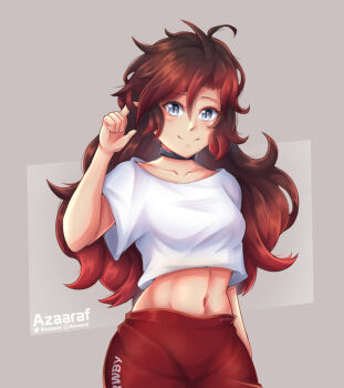 1girl alternate_costume alternate_hair_length alternate_hairstyle artist_name azaaraf black_choker black_hair choker collarbone commentary cowboy_shot crop_top english_commentary gradient_hair grey_background hand_in_own_hair instagram_logo instagram_username long_hair midriff multicolored_hair navel red_hair red_shorts ruby_rose rwby shirt short_sleeves shorts simple_background solo twitter_logo twitter_username white_shirt