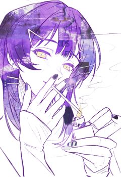 1girl bang_dream! bang_dream!_it's_mygo!!!!! black_nails chinese_commentary commentary_request double_exposure hair_ornament hairclip hero45439083942 highres lighter limited_palette looking_at_viewer medium_hair nail_polish original parallel_hairclips purple_hair solo wakaba_muna