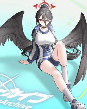 1girl absurdres black_choker black_feathers black_hair black_wings blue_archive blue_jacket blue_shoes blue_shorts breasts chinese_commentary choker collarbone commentary_request feathered_wings feathers full_body hair_between_eyes halo hasumi_(blue_archive) hasumi_(track)_(blue_archive) highres jacket large_breasts legs long_hair long_sleeves looking_at_viewer multicolored_jacket multicolored_shoes official_alternate_costume partially_open_jacket red_eyes red_halo shale shirt shoes short_shorts shorts sitting sneakers socks solo two-tone_jacket two-tone_shoes white_jacket white_shirt white_shoes white_socks wings