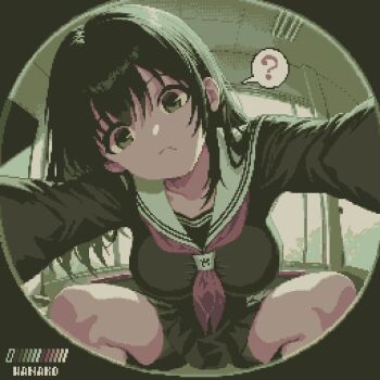 1girl ? artist_name black_hair black_serafuku black_shirt black_skirt breasts collarbone commentary_request green_eyes hair_between_eyes head_tilt highres large_breasts long_hair long_sleeves looking_at_viewer neckerchief original pixel_art pleated_skirt red_neckerchief sailor_collar school_uniform serafuku shirt skirt solo specialhanako spread_legs squatting white_sailor_collar wide_spread_legs window