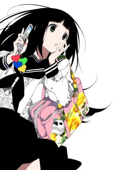 Rule 34 | 1girl, bag, black hair, black neckerchief, black sailor collar, black skirt, blunt bangs, cellphone, cellphone charm, charm (object), check copyright, copyright request, cowboy shot, flip phone, green eyes, heart-shaped charm, highres, holding, holding phone, insomnia (insomnia plus), long hair, long sleeves, looking to the side, neckerchief, original, parted lips, phone, pleated skirt, sailor collar, school bag, school uniform, serafuku, shirt, shoulder bag, simple background, skirt, skull charm, solo, white background, white shirt