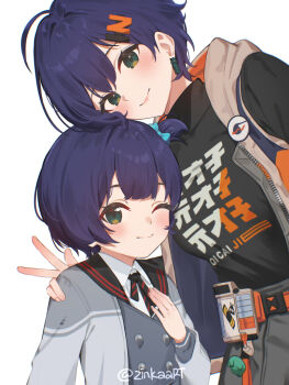2girls aged_down ahoge belle_(zenless_zone_zero) belt black_shirt blue_bow blue_hair blush bow earrings green_eyes hair_ornament jewelry leaning_on_person letter_hair_ornament looking_at_viewer multicolored_hair multiple_girls one_eye_closed orange_belt ribbon school_uniform shirt single_earring sleeveless sleeveless_jacket striped_ribbon time_paradox two-tone_hair v white_background zenless_zone_zero zinkaa