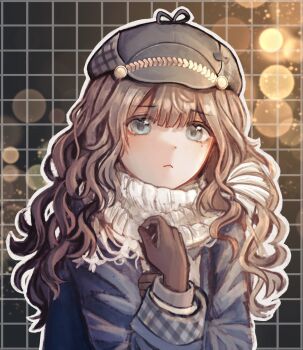 1girl :&lt; astra_(aaastraaaa) black_background blue_coat blue_eyes blurry bokeh brown_gloves brown_hair coat depth_of_field gloves grey_hat grid_background hand_up hat highres long_hair looking_at_viewer marcus_(reverse:1999) mole mole_under_eye reverse:1999 scarf solo upper_body wavy_hair white_scarf
