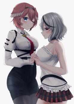 2girls absurdres bare_arms black_collar black_hairband black_shorts black_streaks blue_eyes breasts camisole collar commentary_request cowboy_shot frilled_camisole frills from_side grey_hair grey_pantyhose hair_ornament hairband head_wings high-waist_shorts highres holding_hands hololive large_breasts long_sleeves looking_at_viewer multicolored_hair multiple_girls necktie pantyhose parted_lips pink_hair puffy_sleeves ramkilog red_eyes red_hair red_necktie sakamata_chloe sakamata_chloe_(1st_costume) shirt short_hair shorts simple_background skirt streaked_hair takane_lui takane_lui_(1st_costume) virtual_youtuber white_background white_camisole white_shirt wings x_hair_ornament