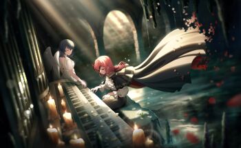 Rule 34 | 2girls, black dress, black hair, blurry, blurry foreground, cape, commentary request, depth of field, dress, flower, game cg, gloves, highres, instrument, long hair, long sleeves, multiple girls, music, official art, ootori kokona, organ (instrument), petals, pink hair, playing instrument, red hair, shizuka (world dai star), short hair, standing, third-party source, water, wings, world dai star