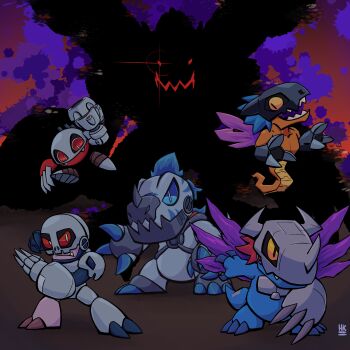 Rule 34 | andromon, claws, cyborg, digimon, digimon (creature), gigadramon, glowing, glowing eye, hexacruzader, highres, metalgreymon (virus), metalmamemon, metaltyranomon, mugendramon, red eyes, sharp teeth, tail, teeth, wings