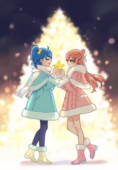 2girls absurdres ankle_boots black_pantyhose blue_capelet blue_coat blue_hair blurry blurry_background boots capelet christmas_tree closed_mouth coat commentary depth_of_field e_hanazono facing_another fringe_trim from_side fur-trimmed_boots fur-trimmed_capelet fur-trimmed_coat fur_trim green_eyes hair_bun hair_ribbon heel_up highres hirogaru_sky!_precure holding holding_star long_hair looking_at_another medium_hair multiple_girls night nijigaoka_mashiro open_mouth outdoors pantyhose pink_boots pink_capelet pink_coat pink_hair precure ribbon scarf side_ponytail single_hair_bun smile sora_harewataru standing standing_on_one_leg star_(symbol) white_ribbon white_scarf winter_clothes yellow_boots