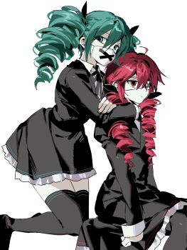 2girls aqua_eyes aqua_hair black_dress commentary dress drill_hair expressionless eyepatch hashtag-only_commentary hatsune_miku highres himitsu_keisatsu_(vocaloid) hug hug_from_behind kasane_teto kneeling long_hair looking_at_viewer mask mouth_mask multiple_girls red_eyes red_hair samsap simple_background sitting twin_drills utau vocaloid white_background