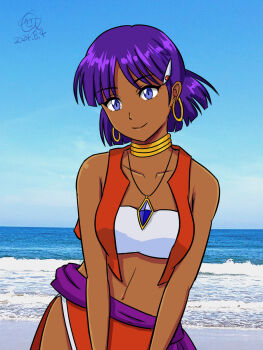 artist_name dress fushigi_no_umi_no_nadia highres jewelry nadia_la_arwall necklace ocean purple_hair red_dress