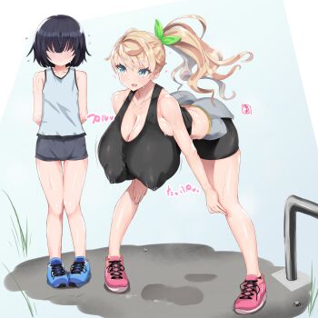 1boy 1girl :d age_difference androgynous arm_support arms_behind_back ass assertive_female bare_shoulders bea_(bropmlk) bike_shorts black_hair black_shirt blonde_hair blue_background blue_eyes blue_footwear bow breasts bulge bursting_breasts butt_crack cleavage collarbone covered_erect_nipples exercising faceless faceless_male flying_sweatdrops full_body gigantic_breasts green_bow grey_shorts hair_bow hair_over_eyes hands_on_own_knees hanging_breasts heart height_difference highres huge_breasts lactation lactation_through_clothes leaning_forward legs_apart long_hair looking_at_another midriff nervous open_mouth original outdoors pigeon-toed pink_footwear ponytail puffy_nipples shirt shoes short_hair short_shorts shorts signature simple_background size_difference sleeveless smile sweat tank_top thigh_gap thighs trap wavy_hair white_shirt