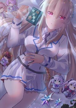 1girl absurdres blonde_hair character_doll commentary_request crystal dmc_tales2006 doll hair_ornament heaven_burns_red highres kayamori_ruka kiryuu_miya kura_satomi long_hair lying ogasawara_hisame on_back red_eyes ribbon school_uniform sugawara_chie tsukishiro_monaka