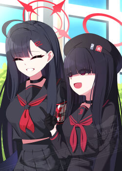 2girls absurdres ahoge armband beret black_gloves black_hair black_sailor_collar black_serafuku black_shirt black_skirt blue_archive blunt_bangs closed_eyes commentary gloves halo hat highres ichika_(blue_archive) justice_task_force_member_(blue_archive) long_hair midriff multiple_girls neckerchief pleated_skirt red_armband red_eyes red_halo red_neckerchief sailor_collar school_uniform serafuku shirt skirt smile tost_(cloi123) watermark