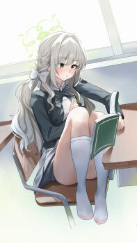 1girl absurdres artist_name backlighting black_bow black_bowtie blue_archive blush book bow bowtie braid chair classroom clenched_hand collared_shirt commentary convenient_leg dated desk diagonal-striped_bow diagonal-striped_bowtie diagonal-striped_clothes feet film_grain full_body green_halo green_jacket hair_between_eyes hair_bow hair_intakes hair_ribbon halo highres holding holding_book indoors jacket kneehighs knees_up long_hair long_sleeves looking_at_object miyo_(blue_archive) no_shoes on_chair open_book open_clothes open_jacket parted_lips reading ribbon ribbon_braid school_chair school_desk school_uniform shangdi_de_fa_zhang shirt sidelocks sitting socks solo striped_bow striped_bowtie striped_clothes thighs very_long_hair wavy_hair white_bow white_ribbon white_shirt white_socks window yellow_eyes