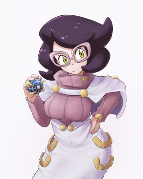 Rule 34 | 1girl, beast ball, big hair, breasts, capelet, closed mouth, commentary, eyelashes, glasses, green eyes, hand on own hip, highres, holding, holding poke ball, julian0223, nintendo, pink-framed eyewear, pink sweater, poke ball, pokemon, pokemon sm, purple hair, simple background, skirt, solo, sweater, turtleneck, turtleneck sweater, white background, white capelet, white skirt, wicke (pokemon)