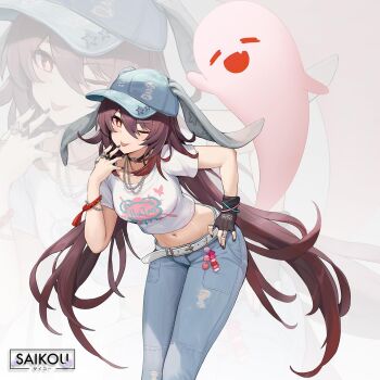 1girl alternate_costume animal_ears baseball_cap belt bent_over black_choker black_gloves black_nails blue_hat blue_pants boo_tao_(genshin_impact) bracelet breasts brown_hair cbmus character_name choker clothes_writing commentary cosplay crop_top denim ears_through_headwear fake_animal_ears fingerless_gloves flower-shaped_pupils genshin_impact gloves gradient_hair hair_between_eyes hand_on_own_hip hand_up hanni_(newjeans) hanni_(newjeans)_(cosplay) hat heart heart_choker highres hu_tao_(genshin_impact) jeans jewelry k-pop leaning_forward long_hair looking_at_viewer medium_breasts midriff multicolored_hair multiple_rings nail_polish navel necklace newjeans omg_(newjeans) one_eye_closed pants rabbit_ears red_eyes ring second-party_source shirt short_sleeves single_glove solo standing stomach symbol-shaped_pupils torn_clothes torn_pants twintails very_long_hair white_background white_shirt y2k_fashion zoom_layer