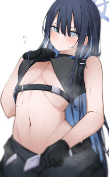 Rule 34 | 1girl, bare shoulders, belt, black belt, black gloves, black hair, black pants, black shirt, blue archive, blue eyes, blue hair, blush, breasts, closed mouth, clothes lift, colored inner hair, double-parted bangs, gloves, hair between eyes, halo, highres, large breasts, lifting own clothes, long hair, looking at viewer, multicolored hair, navel, pants, saori (blue archive), shirt, shirt lift, simple background, sleeveless, sleeveless shirt, solo, steaming body, sweat, teasing, toned, white background, yuukun mk-ii