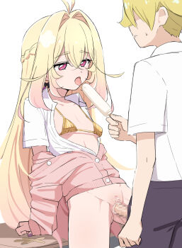 1boy 1girl antenna_hair ass bar_censor blonde_hair bottomless breasts censored clothes_down cure_arcana_shadow donutman food gold_bra hair_intakes highres holding holding_food holding_popsicle jacket loli meitantei_precure! moria_luluka mosaic_censoring open_clothes pink_jacket popsicle precure purple_eyes pussy saliva saliva_trail sex shirt sidelocks small_breasts t-shirt table tongue tongue_out vaginal