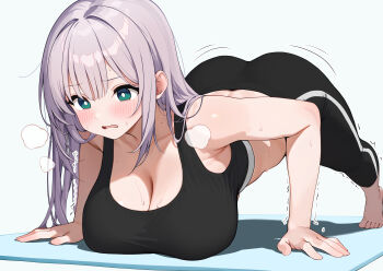 1girl absurdres all_fours ass black_pants black_sports_bra blush breasts cleavage commentary_request exercising green_eyes grey_hair highres hololive hololive_indonesia inconvenient_breasts large_breasts midriff otokucha pants parted_lips pavolia_reine purple_hair push-ups simple_background solo sports_bra sweat virtual_youtuber white_background yoga_pants