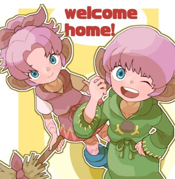 1boy 1girl ;d blue_eyes body_markings broom brother_and_sister bud_(lom) closed_mouth dress green_robe hair_intakes hair_ribbon holding holding_broom legend_of_mana lisa_(lom) long_sleeves one_eye_closed open_mouth purple_dress purple_hair purple_ribbon ribbon robe seiken_densetsu short_hair short_sleeves siblings sicky_(pit-bull) smile teeth upper_teeth_only