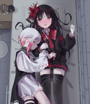 2girls absurdres black_coat black_hair black_pantyhose black_shirt black_skirt blush closed_eyes closed_mouth clothes_pull coat commentary cuddling cuffs flower foopy from_above gloves gradient_hair hair_flower hair_ornament handcuffs highres holding holding_hands holding_pen interlocked_fingers long_hair magical_girl mahou_shoujo_no_majo_saiban multicolored_hair multiple_girls nikaido_hiro on_bed open_mouth pantyhose pantyhose_pull pen pillow pink_hair red_eyes red_flower sakuraba_ema shirt shorts skirt sleeping smile sweat white_flower white_gloves white_hair white_shorts yuri