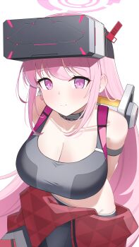 1girl absurdres arms_behind_back bare_shoulders black_skirt black_sports_bra blue_archive blush breasts closed_mouth commentary_request eimi_(battlesuit)_(blue_archive) eimi_(blue_archive) fukujin halo head-mounted_display highres huge_breasts long_hair looking_at_viewer pink_eyes pink_hair pink_halo skirt solo sports_bra