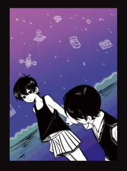 Rule 34 | 2boys, antenna hair, black border, black eyes, black hair, black shorts, black sweater vest, black tank top, border, closed mouth, collarbone, collared shirt, colored skin, double-parted bangs, dual persona, expressionless, hair between eyes, highres, looking at another, male focus, multiple boys, niu tata, omori, omori (omori), purple sky, purple sweater vest, shirt, short hair, short sleeves, shorts, sky, striped clothes, striped shorts, sunny (omori), sweater vest, tank top, two-tone shorts, vertical-striped clothes, vertical-striped shorts, white shirt, white shorts, white skin