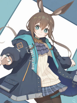 1girl amiya_(arknights) animal_ear_fluff animal_ears arknights ascot black_ascot black_boots black_jacket black_pantyhose blue_eyes boots bright_pupils brown_hair closed_mouth commentary_request cowboy_shot fingernails hair_between_eyes highres hood hood_down hooded_jacket infection_monitor_(arknights) jacket jewelry leg_up long_hair long_sleeves looking_at_viewer multiple_rings open_mouth outstretched_arms pantyhose pon2023 puffy_sleeves rabbit_ears rhodes_island_logo_(arknights) ribbed_shirt ring shirt signature smile solo spread_arms standing standing_on_one_leg sweater white_pupils white_sweater