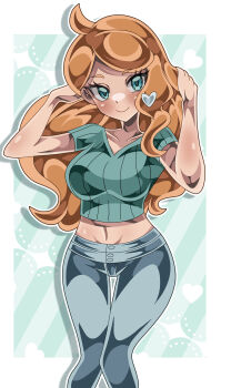 Rule 34 | 1girl, absurdres, adjusting hair, aqua eyes, aqua shirt, breasts, collarbone, commentary request, crop top, denim, hair down, hair ornament, hands up, heart, heart hair ornament, highres, jeans, long hair, medium breasts, midriff, nintendo, no coat, no eyewear, orange hair, pants, pokemon, pokemon swsh, ribbed shirt, shiki (kisikisi1007), shirt, short sleeves, side ponytail, smile, solo, sonia (pokemon), swept bangs, v-neck, wavy hair