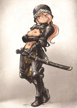 1girl arm_under_breasts armor breasts closed_mouth convenient_censoring cuisses dark-skinned_female dark_skin ebenholz_(ironlily) full_body gauntlets greaves highres holding holding_sword holding_weapon ironlily latin_text long_hair medium_breasts navel nipples original paper_background pink_eyes pink_hair reverse_bikini_armor reverse_outfit sabaton sallet sheath sheathed smile solo sword weapon