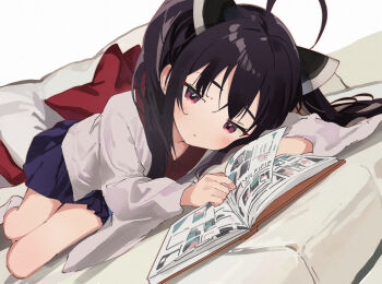 1girl ahoge black_hair blush closed_mouth commentary_request couch dutch_angle grey_background headgear japanese_clothes kimono lamb_(hitsujiniku) long_sleeves lying no_shoes on_couch on_side pillow pleated_skirt purple_skirt red_eyes simple_background skirt socks solo touhoku_kiritan twintails voiceroid white_kimono white_socks wide_sleeves