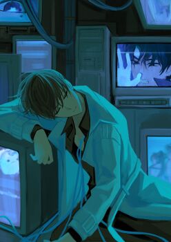 1other 2boys arm_pillow biyoo_(omniscient_reader's_viewpoint) black_hair black_shirt blue_light cable closed_eyes coat collared_shirt computer computer_tower crt hashtag-only_commentary keomikan kim_dokja lee_jihye male_focus mechabare multiple_boys omniscient_reader's_viewpoint open_clothes open_coat seiza shirt short_hair sitting smile television white_coat yoo_joonghyuk