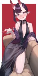 Rule 34 | 1girl, absurdres, alternate costume, black dress, blush, breasts, chorogon, collarbone, couch, cup, dress, fate/grand order, fate (series), glasses, highres, holding, holding cup, horns, looking at viewer, oni, petite, pointy ears, purple eyes, purple hair, revealing clothes, round eyewear, short hair, shuten douji (fate), skin-covered horns, small breasts, smile, solo, tongue, tongue out