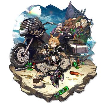 1boy animal_ears arknights black_gloves black_jacket black_shoes blonde_hair bottle cloud eating fingerless_gloves food full_body gloves goggles goggles_around_neck green_eyes grey_pants highres holding jacket leonhardt_(arknights) leonhardt_(finder_in_the_rough)_(arknights) looking_at_viewer male_focus motor_vehicle motorcycle nozaki_tsubata official_alternate_costume official_art open_clothes open_jacket outdoors pants rabbit_boy rabbit_ears shirt shoes short_hair sitting sky solo white_shirt