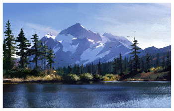 Rule 34 | blue sky, border, commentary, day, english commentary, forest, gjb870216, glacier, highres, lake, landscape, mountain, nature, no humans, original, outdoors, pine tree, scenery, simple bird, sky, tree, water, white border