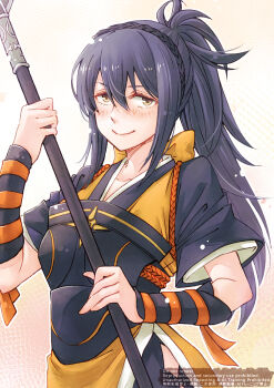 1girl armor blue_hair braid breastplate brown_eyes closed_mouth commentary_request commission crown_braid double-parted_bangs ebi_puri_(ebi-ebi) english_text fire_emblem fire_emblem_fates hair_between_eyes high_ponytail highres holding holding_polearm holding_weapon japanese_armor japanese_clothes long_hair looking_at_viewer nintendo oboro_(fire_emblem) polearm ponytail short_sleeves simple_background smile solo upper_body watermark weapon white_background