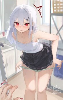 Rule 34 | 1girl, bathroom, black skirt, breasts, camisole, commentary request, dated, fuji sakura, green panties, hair ornament, highres, long hair, looking at viewer, medium breasts, original, out of frame, panties, pleated skirt, red eyes, signature, skirt, solo, twitter username, underwear, undressing, white camisole, white hair, x hair ornament