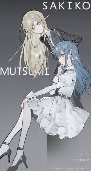 Rule 34 | 2girls, absurdres, ajirui, arms behind back, bang dream!, bang dream! it's mygo!!!!!, belt, black belt, black footwear, black jacket, black necktie, blue hair, chinese commentary, closed mouth, collared shirt, commentary request, cosplay, dress, ebizuka tomo, ebizuka tomo (cosplay), girls band cry, green hair, group name, hair ribbon, hand on own chin, high heels, highres, instrument connection, invisible chair, jacket, juliet sleeves, kawaragi momoka, kawaragi momoka (cosplay), long hair, long sleeves, looking at viewer, multiple girls, necktie, pantyhose, puffy sleeves, ribbon, shirt, sidelocks, sitting, striped clothes, togawa sakiko, vertical-striped clothes, vertical-striped necktie, wakaba mutsumi, white dress, white pantyhose, white ribbon, white shirt, yellow eyes