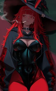 Rule 34 | 1girl, black choker, black hat, black jacket, black leotard, breasts, choker, commentary, cowboy shot, cropped jacket, ear piercing, english commentary, hat, highres, jacket, large breasts, leotard, long hair, looking to the side, original, pantyhose, piercing, red eyes, red hair, red pantyhose, red shirt, shirt, smoking, solo, val (yan kodiac), witch hat, yan kodiac