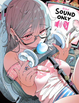 1girl asmr breasts candy chair computer computer_keyboard computer_mouse earphones english_text food glasses grey_hair highres kafun large_breasts lollipop long_hair microphone monitor musical_note original paintbrush panties red_eyes selfie_stick sitting sticker streamer striped_clothes striped_panties underwear webcam