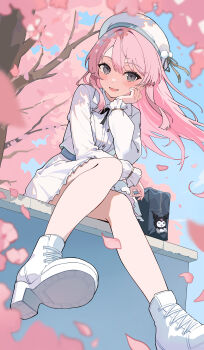 1girl absurdres bag bag_charm bang_dream! bang_dream!_it&#039;s_mygo!!!!! beret black_ribbon blurry blush charm_(object) cherry_blossoms chihaya_anon commentary depth_of_field fang full_body grey_eyes hair_between_eyes hat highres long_hair long_sleeves looking_at_viewer open_mouth pink_hair pleated_skirt pom_pom_hat_ornament ribbon school_bag setsunelhr shirt shoes sitting skin_fang skirt sky smile solo tree white_hat white_shirt white_shoes white_skirt