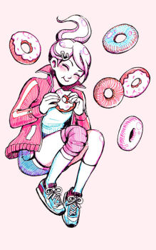1girl asahina_aoi blue_shoes blue_shorts blush closed_eyes closed_mouth commentary danganronpa:_trigger_happy_havoc danganronpa_(series) donut eating english_commentary eyelashes food full_body hair_ornament hairclip holding holding_donut holding_food jacket long_sleeves mojgon open_clothes open_jacket ponytail red_jacket shirt shoelaces shoes shorts simple_background smile socks solo traditional_media white_background white_socks